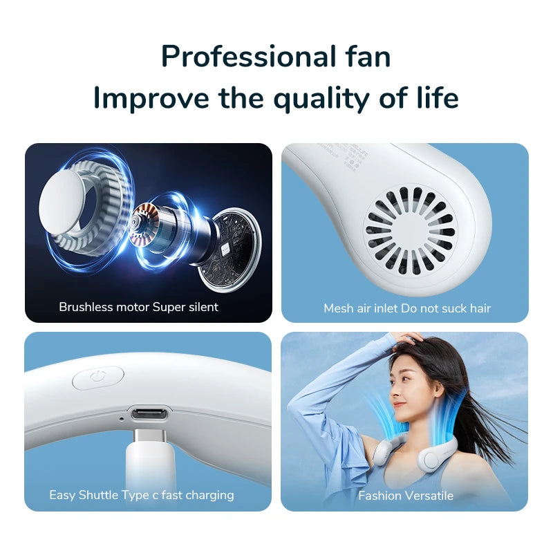 Mini Neck-Mounted Fan - 1200mAh, 3-Speed Portable Bladeless Rechargeable Air Cooler